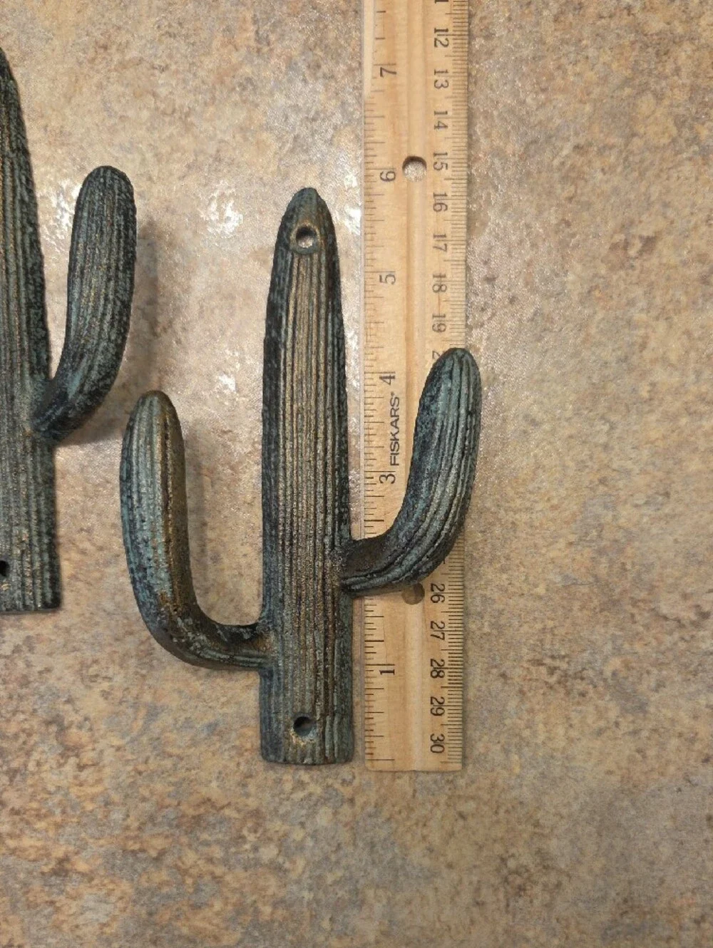 Rustic Cactus Wall Hooks - Distressed Teal Green Pair